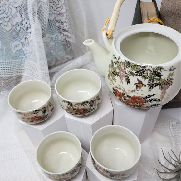 Vintage Teapot with 4 Cups Floral & Birds Japan - Picture 6 of 9